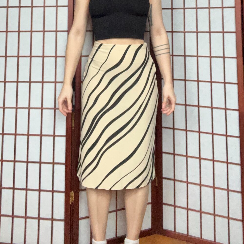 Vintage Hennes Cream and Black Abstract Print Midi Skirt | Minimalist Mod